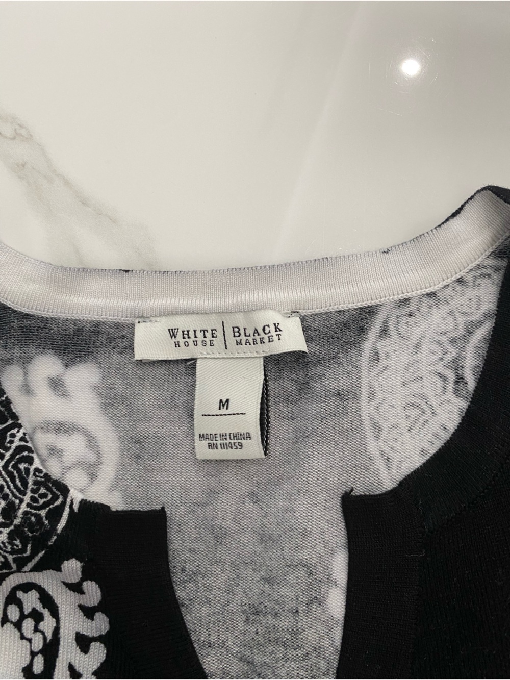 White House Black Market Black & White Paisley Knit Top with crystal buttons - Picture 2 of 4